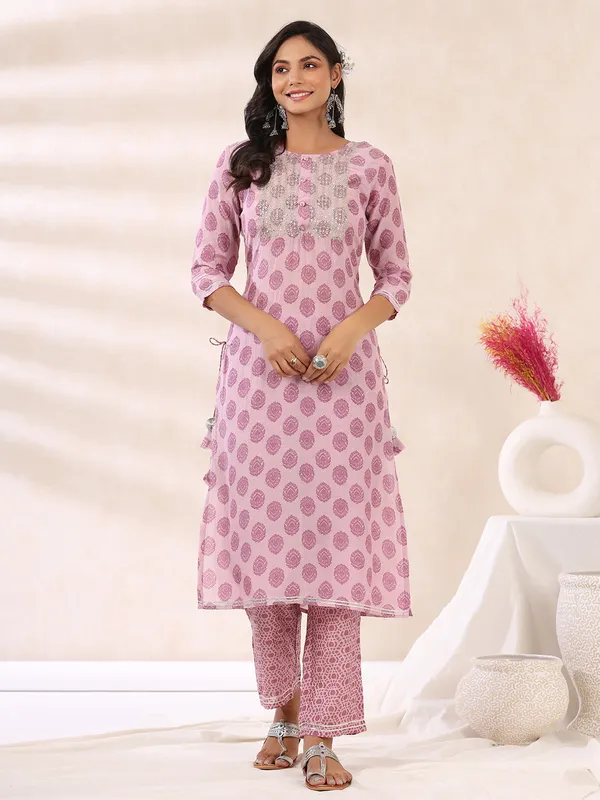 Mauve pink cotton printed kurti set for festive
