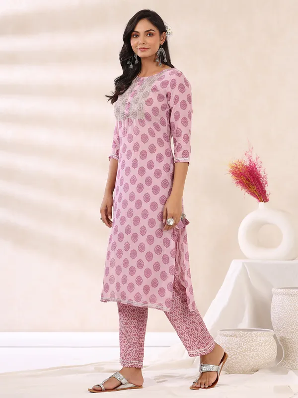 Mauve pink cotton printed kurti set for festive