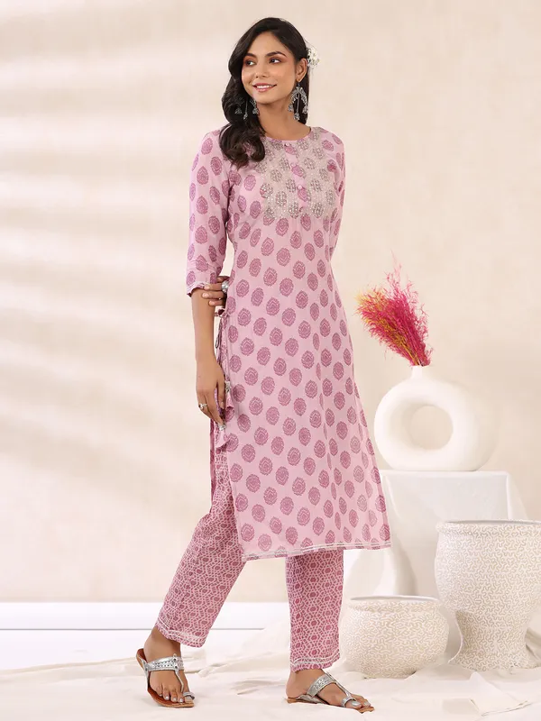 Mauve pink cotton printed kurti set for festive