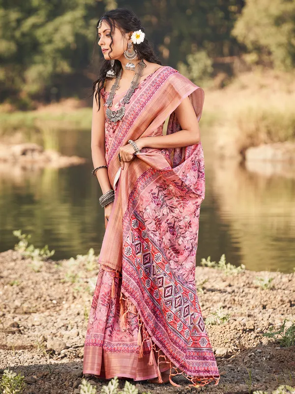 Mauve pink cotton printed saree