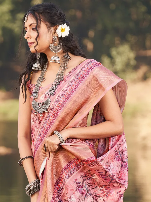 Mauve pink cotton printed saree
