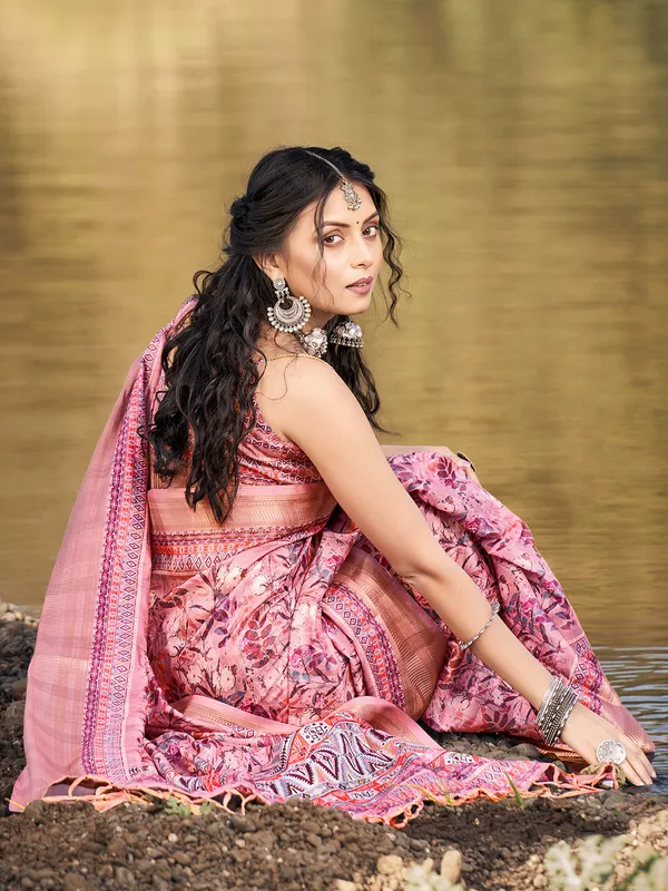 Mauve pink cotton printed saree