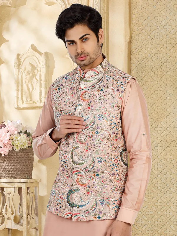 Mauve pink embroidery silk waistcoat set