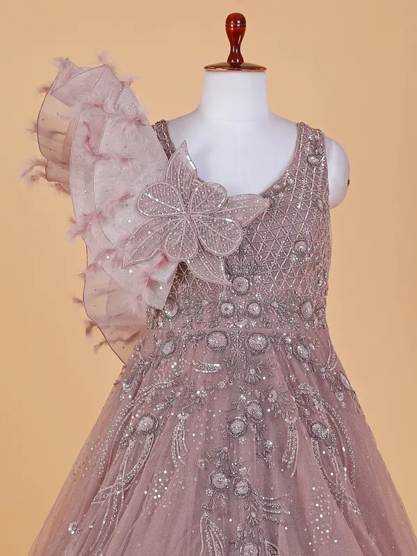 Mauve pink gown in net