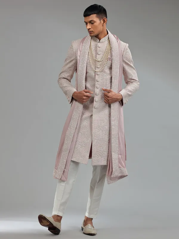 Mauve pink groom sherwani with dupatta