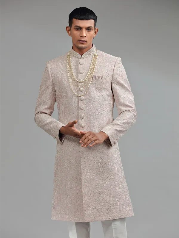 Mauve pink groom sherwani with dupatta