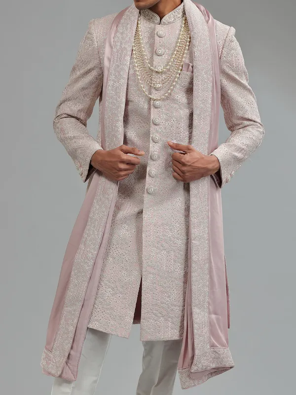 Mauve pink groom sherwani with dupatta