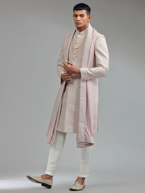 Mauve pink groom sherwani with dupatta