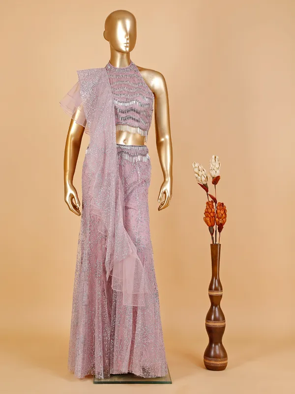 Mauve pink net palazzo suit with dupatta