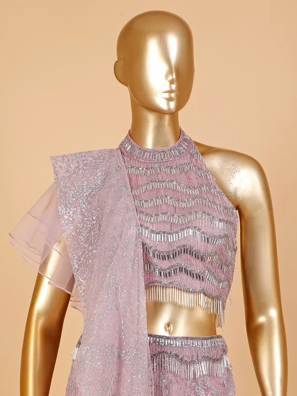 Mauve pink net palazzo suit with dupatta