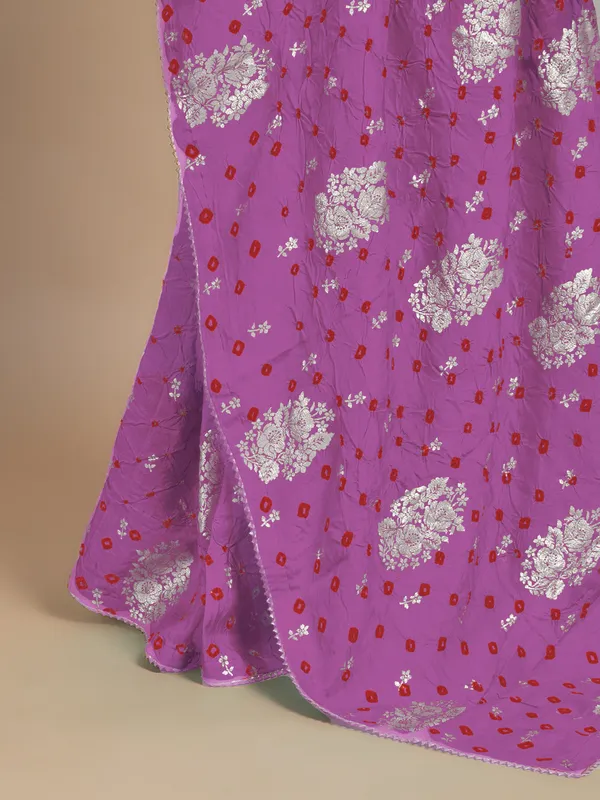 Mauve pink printed festive look bandhej saree