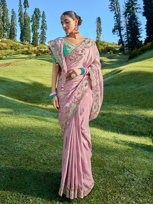 Mauve pink silk embroidery saree