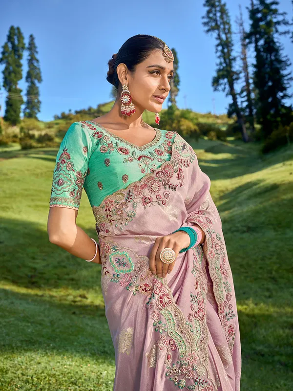 Mauve pink silk embroidery saree