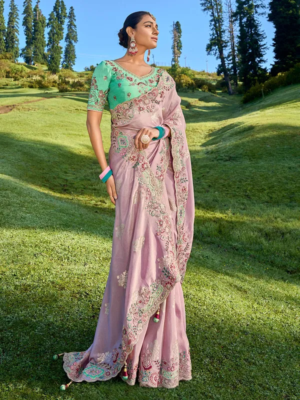 Mauve pink silk embroidery saree