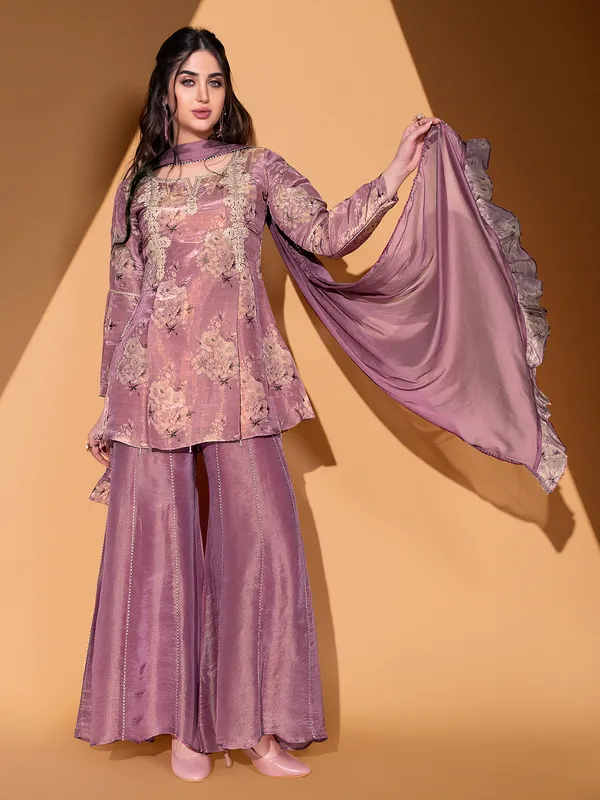 Mauve pink silk palazzo suit with dupatta