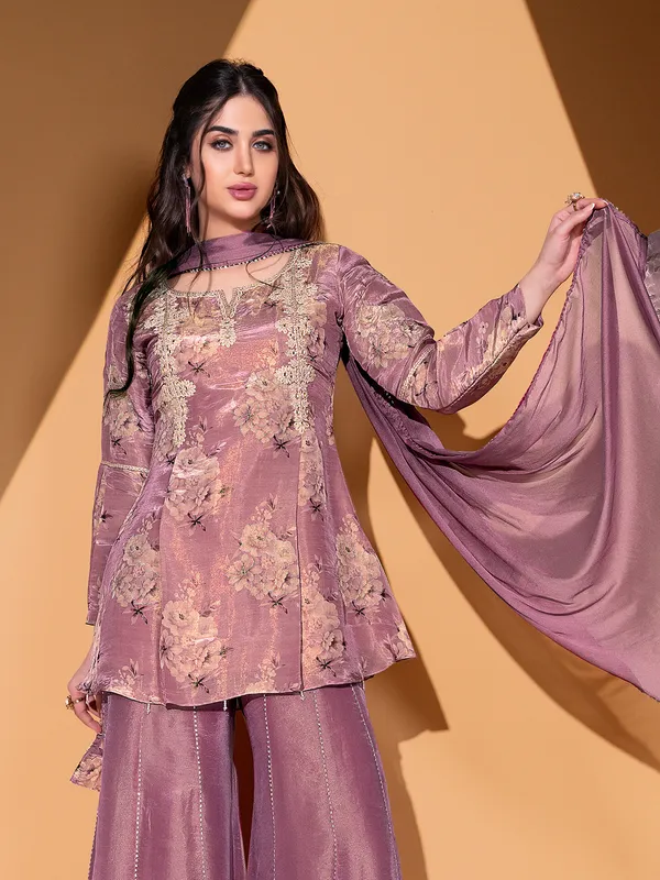Mauve pink silk palazzo suit with dupatta