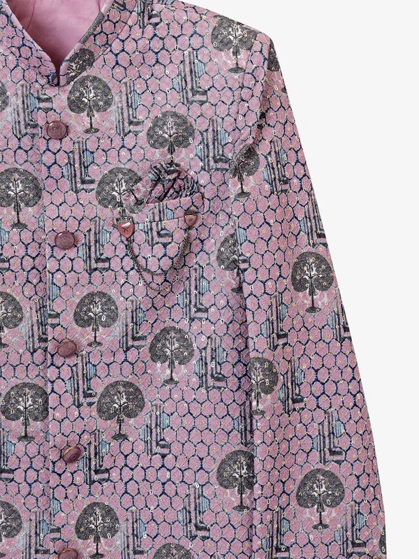 Mauve pink silk printed indowestern