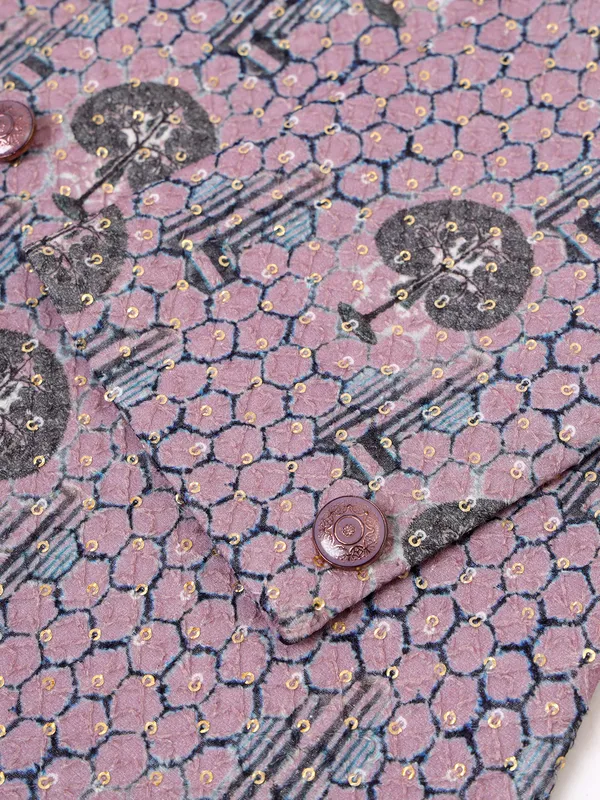 Mauve pink silk printed indowestern