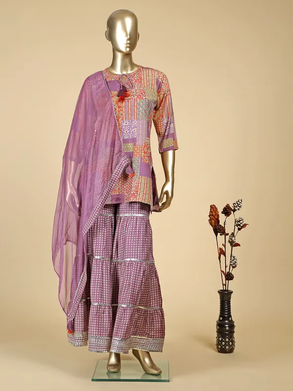 Mauve pink silk printed sharara set