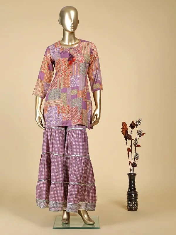 Mauve pink silk printed sharara set