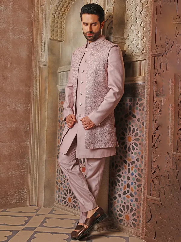 Mauve pink silk wedding wear indowestern