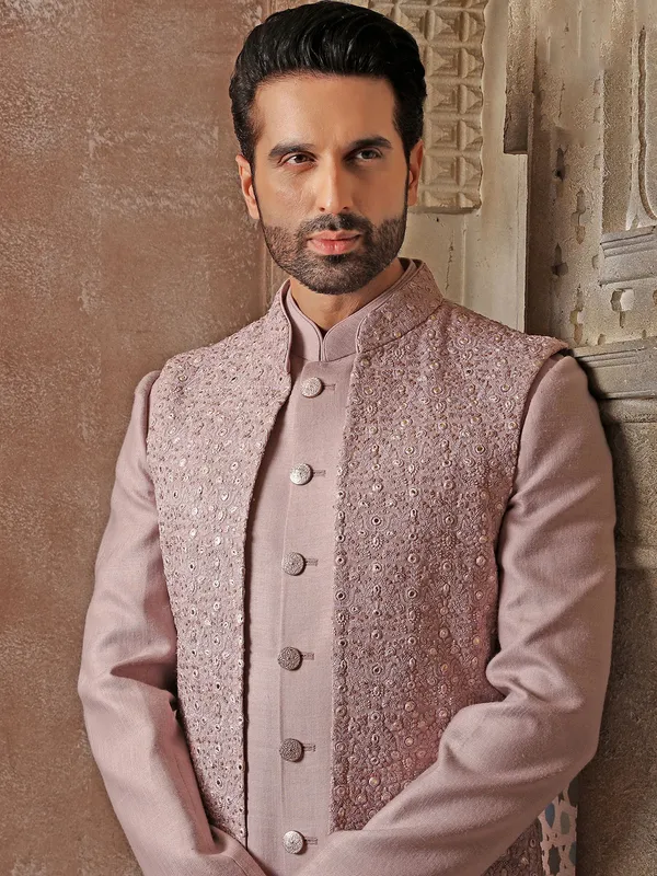 Mauve pink silk wedding wear indowestern
