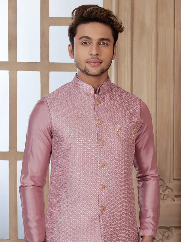 Mauve pink silk wedding wear waistcoat set