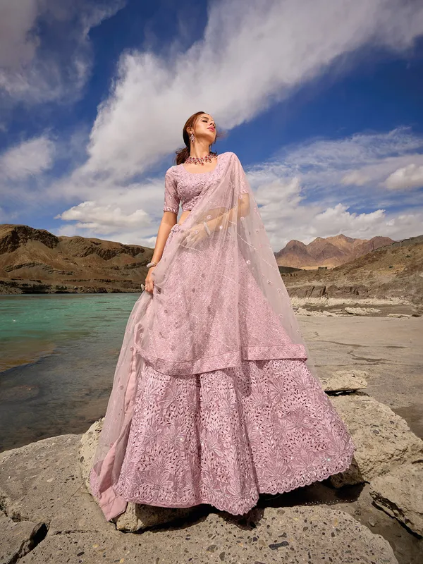 Mauve pink unstitched organza lehenga choli