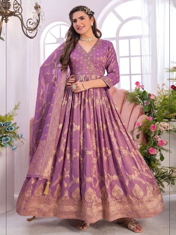 Mauve pink zari weaving anarkali suit