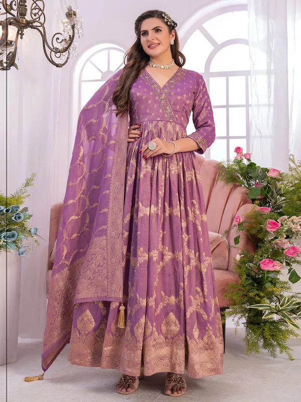 Mauve pink zari weaving anarkali suit