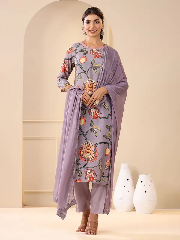 Mauve purple floral printed cotton kurti set