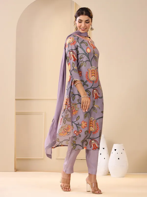 Mauve purple floral printed cotton kurti set