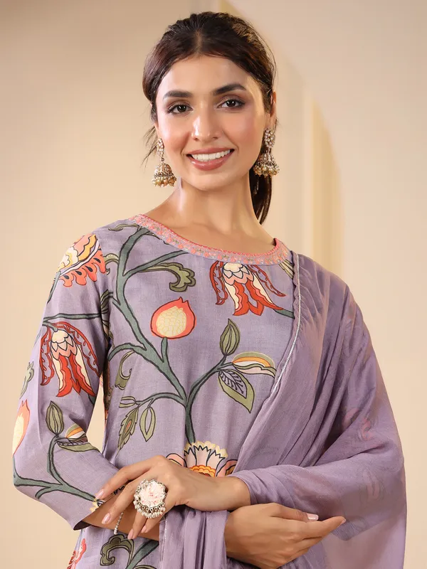 Mauve purple floral printed cotton kurti set