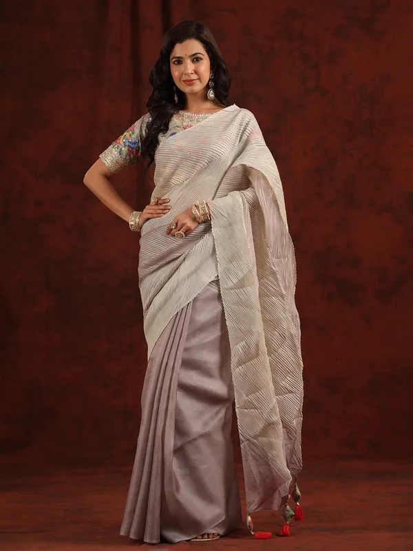 Mauve purple half n half tussar silk saree