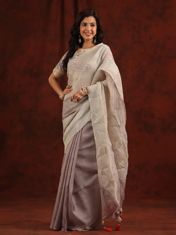 Mauve purple half n half tussar silk saree