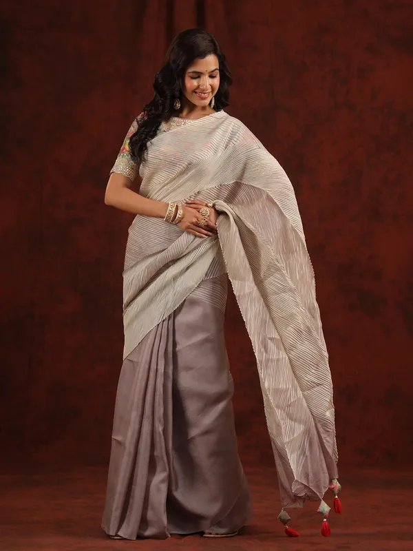 Mauve purple half n half tussar silk saree