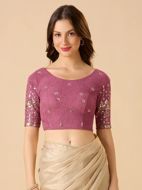 Mauve purple lycra ready made blouse in sequin work