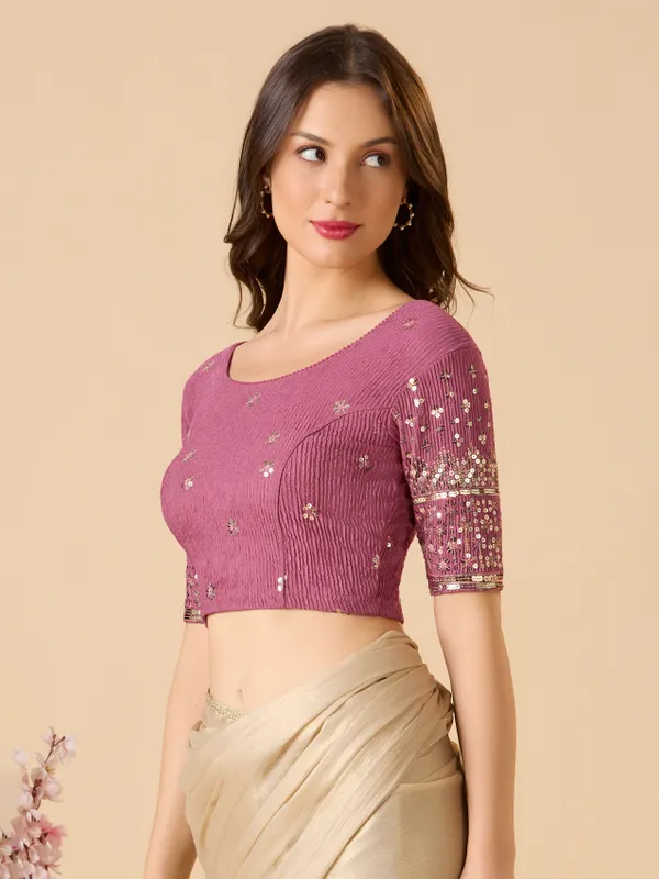 Mauve purple lycra ready made blouse in sequin work