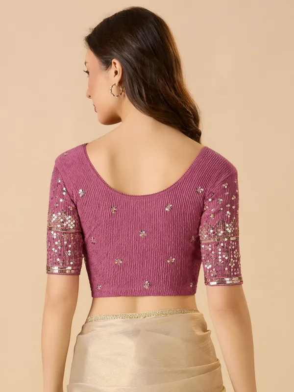 Mauve purple lycra ready made blouse in sequin work