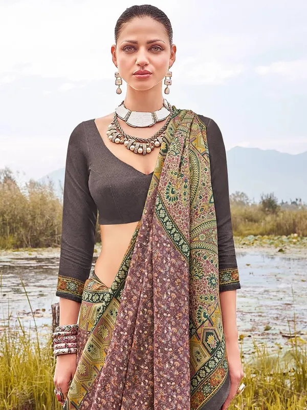 Mauve purple printed bhagalpuri silk saree