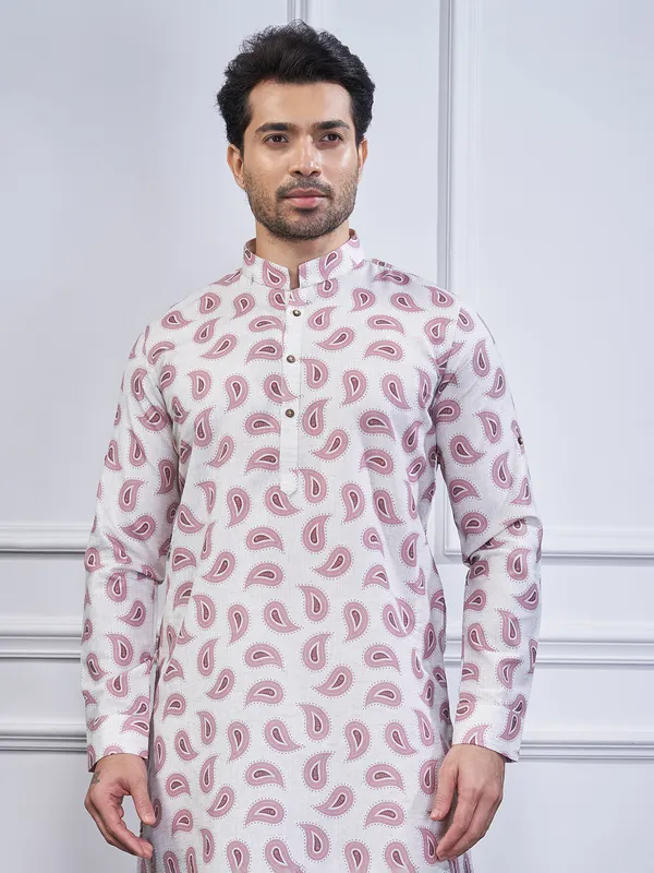 Mauve purple printed cotton kurta suit for festive wear