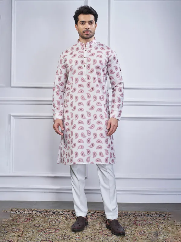 Mauve purple printed cotton kurta suit for festive wear