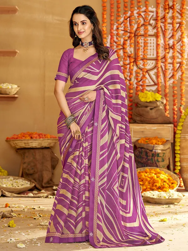 Mauve purple printed georgette saree