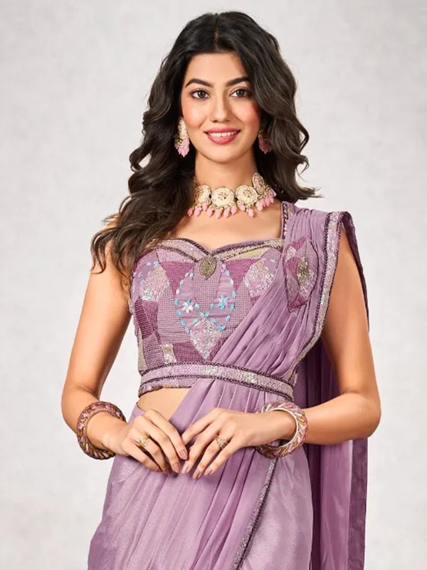 Mauve purple wedding style shimmer georgette saree