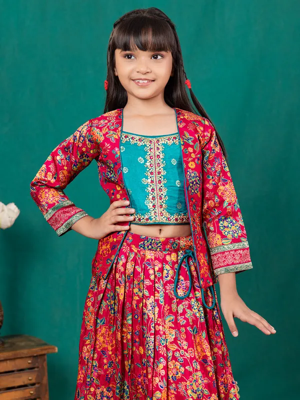 Megenta pink and blue silk lehenga choli for girls