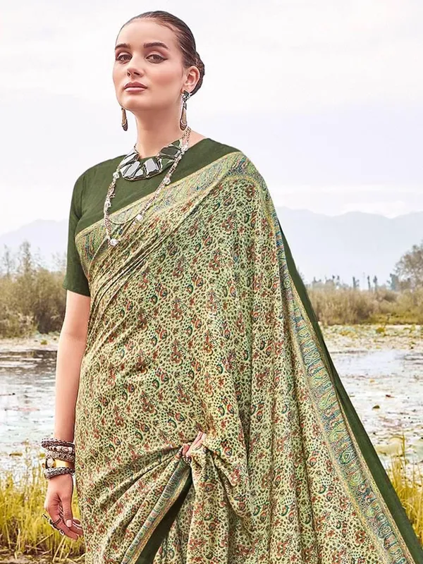 Mehandi green printed bhagalpuri silk saree for festive