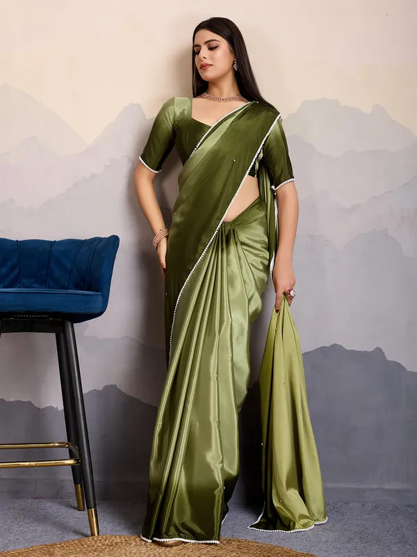 Mehandi green satin silk saree with unstitched blouse