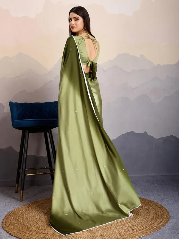 Mehandi green satin silk saree with unstitched blouse
