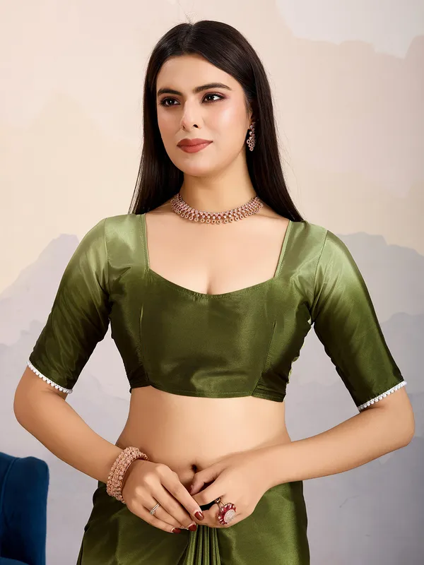Mehandi green satin silk saree with unstitched blouse