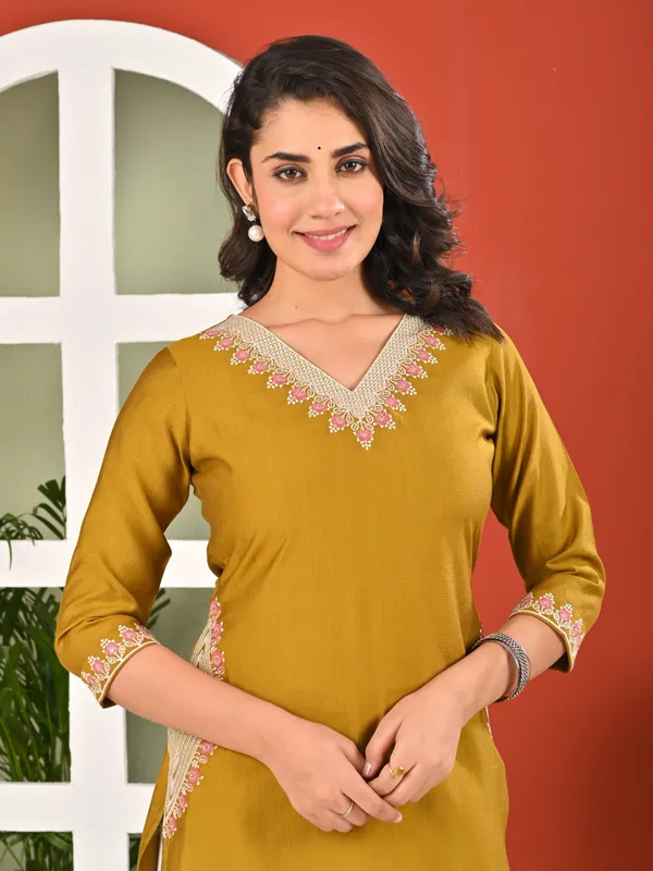 Mehandi yellow embroidered cotton silk kurti
